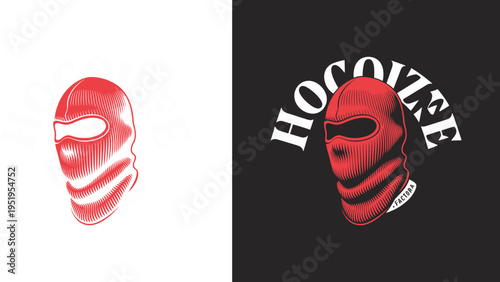 Red Balaclava Ski Mask with Vintage Linework and Text, Urban Streetwear Flat Vector Illustration