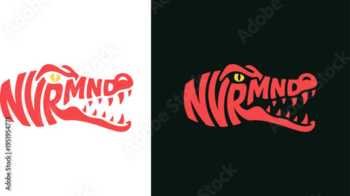 Red Crocodile Head Typography Logo, NVRMND Text Illustration in Gator Shape, Creative Flat Vector Art