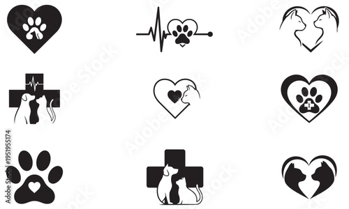 Set of Pet Care Icons with Heart, Paw, Dog and Cat Veterinary Symbols Collection