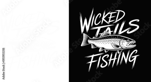 Wicked Tails Fishing Logo Design, Hand Drawn Trout Illustration in Grungy Brush Style