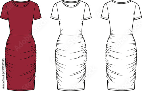 Women's Ruched Bodycon Dress Technical Sketch, Fashion Flat Illustration