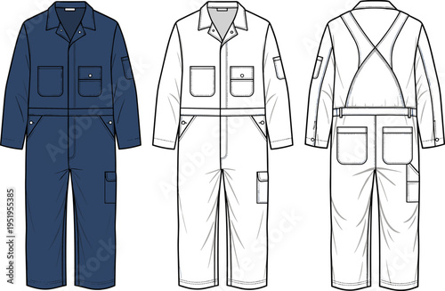 Workwear Boiler Suit Coveralls Flat Vector Illustration Technical Fashion Sketch CAD Template