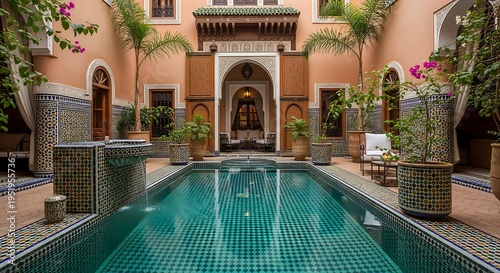 Luxurious Moroccan Riad Courtyard with Intricate Tilework and Swimming Pool
