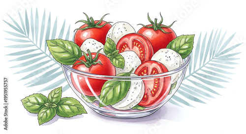 watercolor caprese salad with ripe tomatoes mozzarella cheese and fresh basil leaves in glass bowl, elegant food illustration with ink outlines isolated on white background