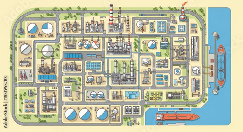 Detailed Aerial View of an Industrial Oil Refinery Complex.