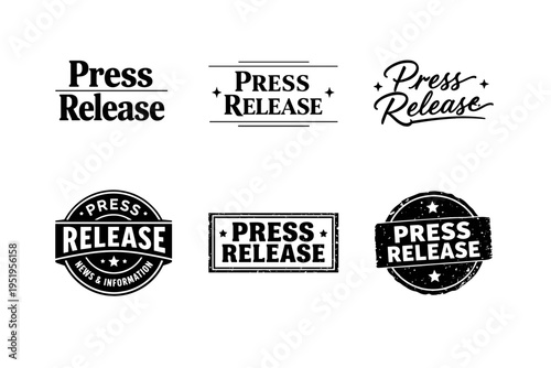 Collection of press release badge designs in various styles and fonts