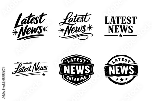 Six distinct black and white latest news typography designs