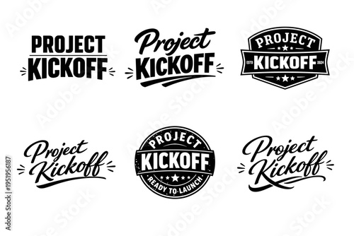 Project kickoff logos collection in black and white with various typography styles