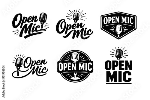 Vintage open mic logos with microphone designs