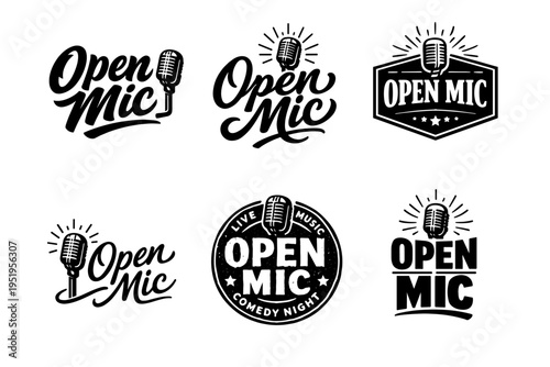 Open mic event logos with vintage microphone designs