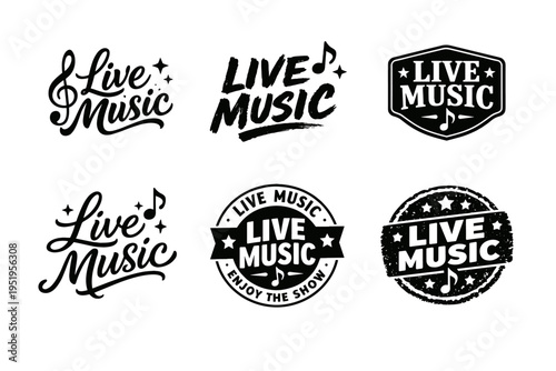 Live music logos collection featuring musical elements and font styles