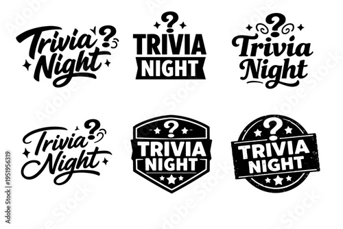 Classic trivia night logo set with various typography designs and question marks