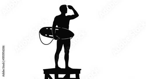 Vector silhouette of a surfer standing on a pier looking out at sea