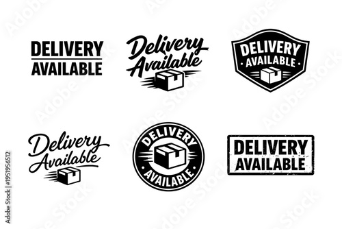 Black and white delivery available logos with package icon variety
