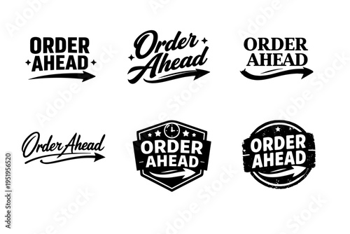 Order ahead logos in various styles with decorative arrows and text designs