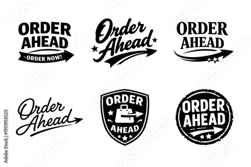 Order ahead logos collection with arrows and bold typography styles