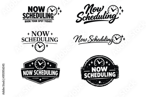 Now scheduling logo designs with clock elements in black and white