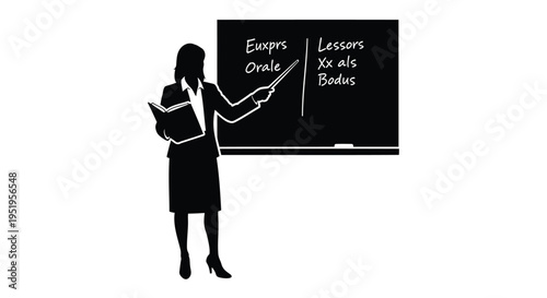 Vector silhouette of woman teacher standing in front of blackboard