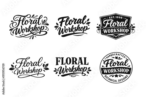 Vintage floral workshop logos with handcrafted botanical designs
