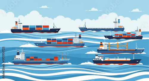 Diverse Cargo Ships Navigating Ocean Waves Under Cloudy Sky.