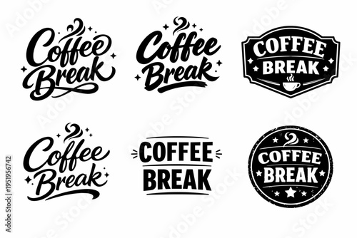 Variety of coffee break logos in black and white