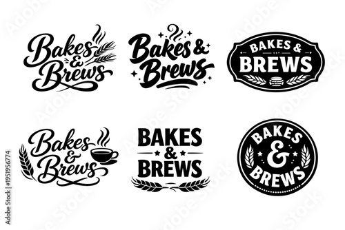 Bakes & brews logo collection with wheat, coffee, and stylish typography