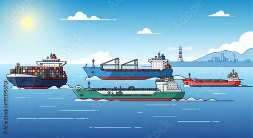 Diverse Cargo Ships Navigating the Open Sea Under a Bright Sun.