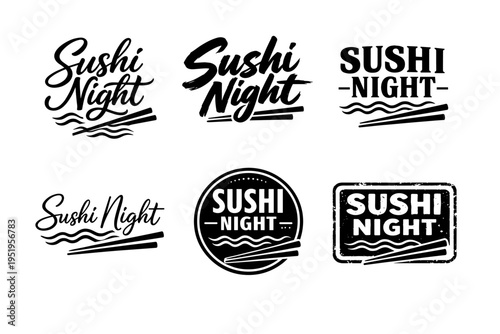 Set of vintage black and white sushi night logos with chopsticks