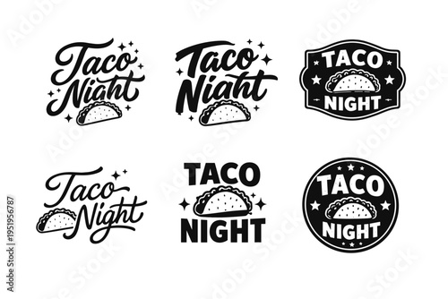 Retro taco night logos collection in vintage black and white design