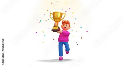 A cartoon boy celebrating with a trophy surrounded by colorful confetti