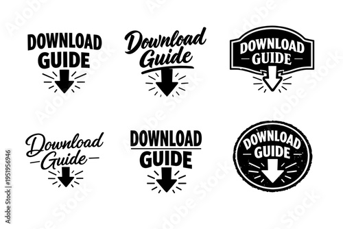Set of download guide labels with arrows for instructions and tutorials