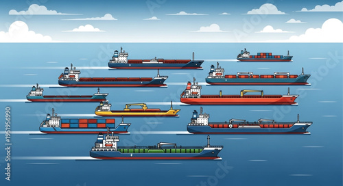 Diverse Fleet - A Collection of Cargo Ships at Sea.
