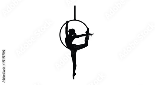 Vector silhouette of woman performing aerial hoop acrobatics