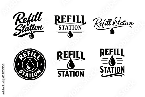 Collection of six black and white refill station logos with water drop design elements