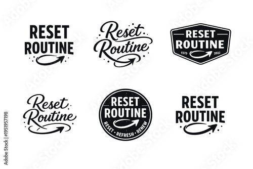 Reset routine logo variations in black and white with decorative typography