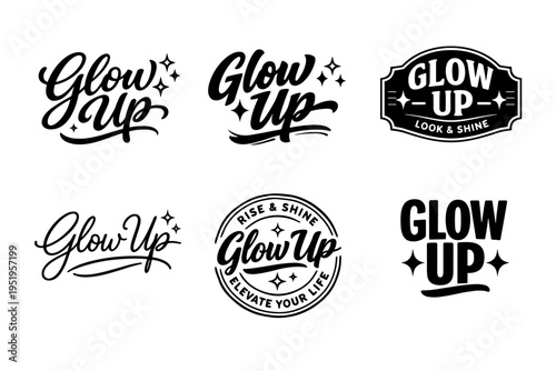 Glow up logo collection: creative typography designs with stars and slogans