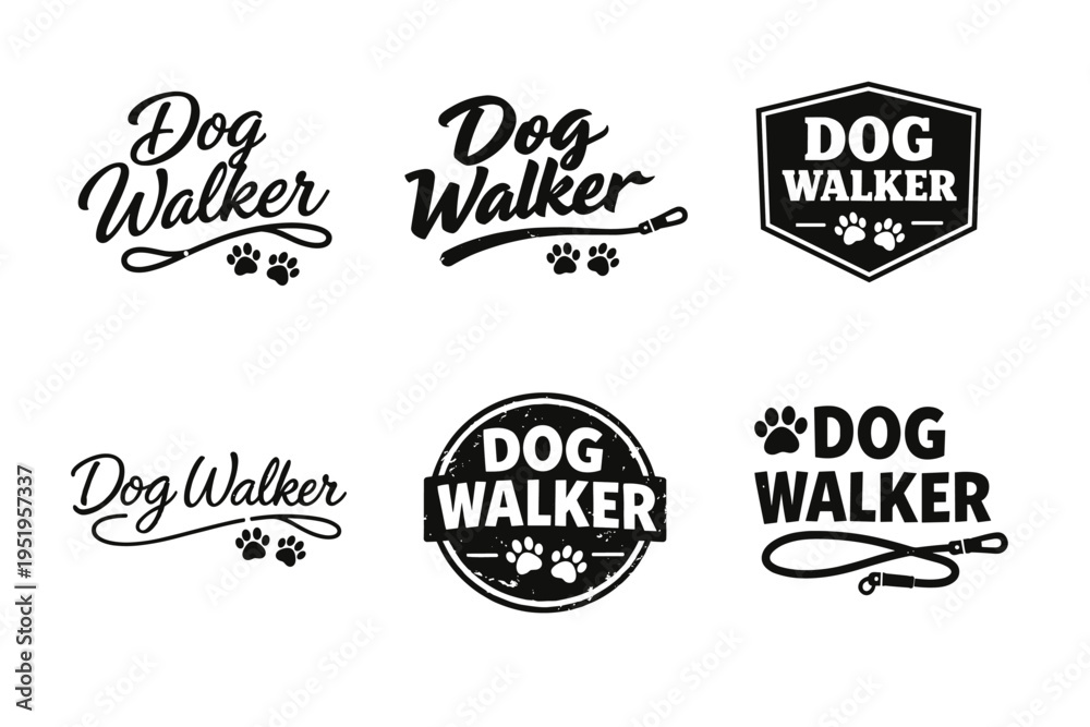 Fototapeta premium Variety of dog walker logos with leash and paw print designs