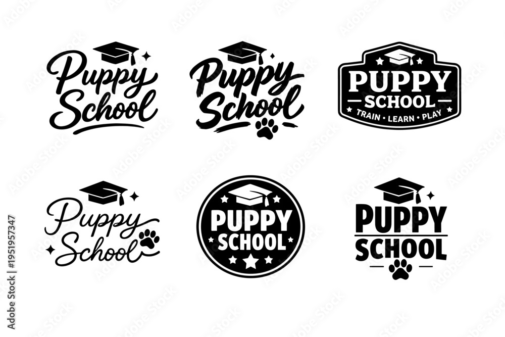 Fototapeta premium Puppy school logos with graduation cap and paw designs