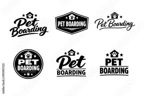 Pet boarding logo set with paw and house elements in black and white