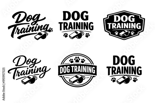 Dog training logos with whistles and paw prints in black and white designs