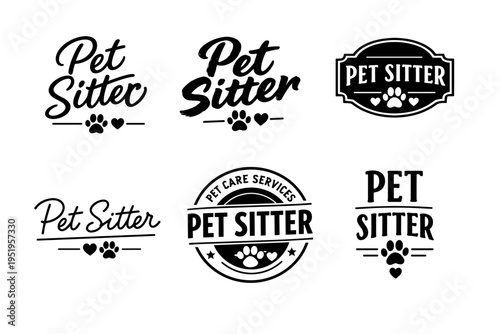 Pet sitter logos: variety of designs featuring paws and hearts
