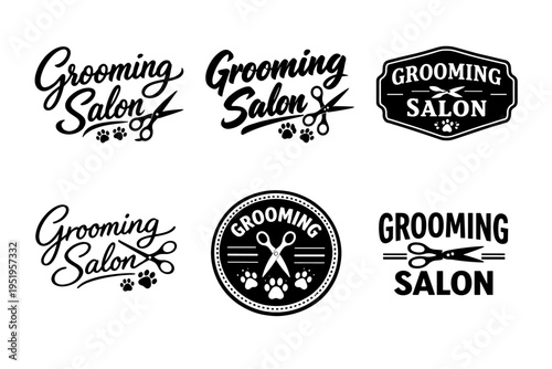 Collection of stylish grooming salon logos with scissors and paw prints