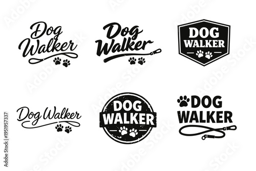 Variety of dog walker logos with leash and paw print designs