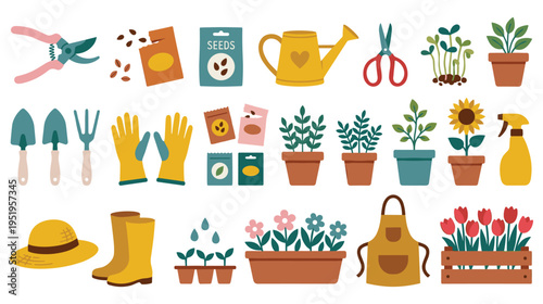 Gardening tools and items for planting flowers and plants, isolated vector objects
