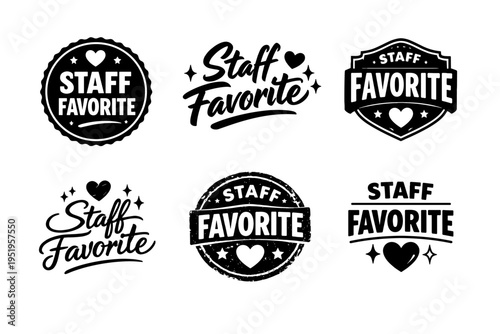 Collection of six staff favorite badge designs with heart accents