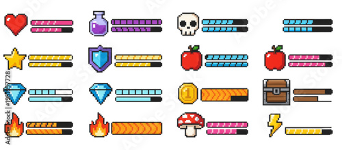 Pixel Art Game Health and Resource Bars A Collection of Icons