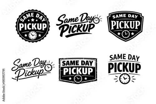 Same day pickup design variations with clock icon in black and white