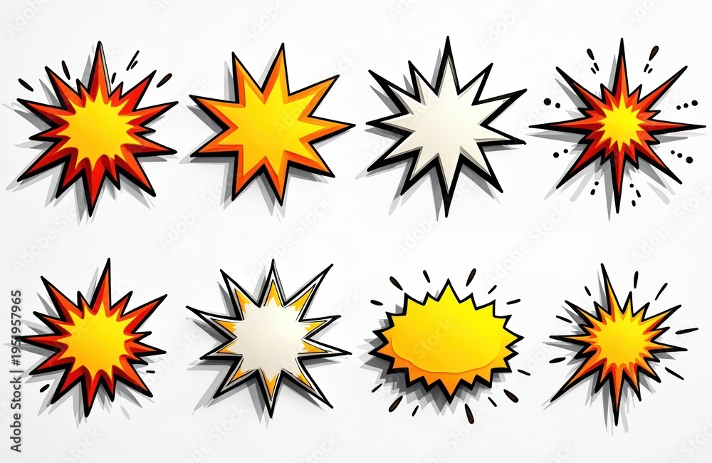 Obraz premium Collection of comic style explosion speech bubbles with bright colors and sharp edges. These graphic elements are perfect for design projects, pop art, and dynamic announcements.