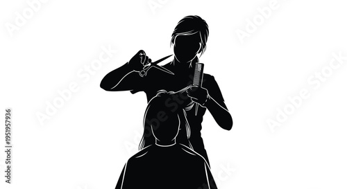 Black silhouette of barber cutting hair