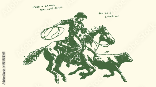 Vintage style vector illustration of a determined cowboy on horseback expertly roping a running calf with a lasso